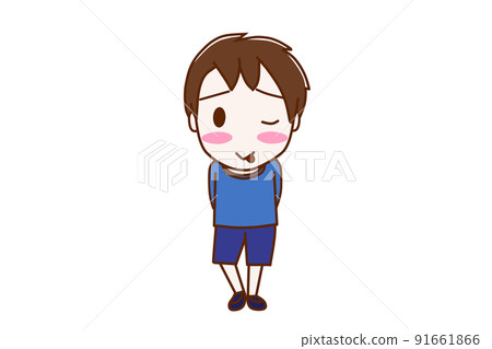 (全身正面)臉頰染紅吐舌頭害羞的少年 (全身正面)臉頰染紅吐舌頭害羞的少年 91661866