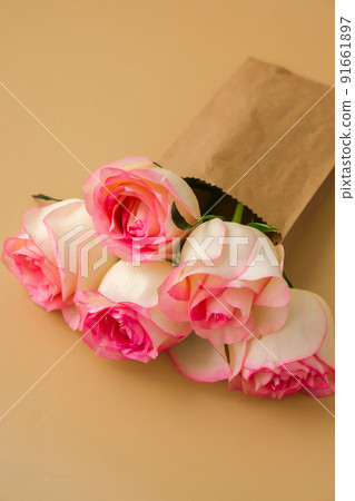 Delicate pink roses in craft paper bag on beige background. Minimal trendy composition. Abstract art idea. Romantic pastel pink rose flowers. Modern aesthetic. Neutral earth tones Banner Delicate pink roses in craft paper bag on beige background. Minimal trendy composition. Abstract art idea. Romantic pastel pink rose flowers. Modern aesthetic. Neutral earth tones Banner 91661897
