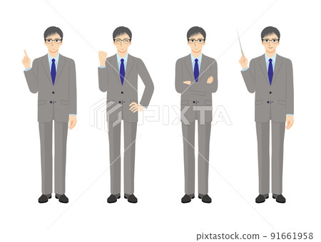 工作男性插圖集，全身，灰色西裝，黑髮眼鏡 91661958