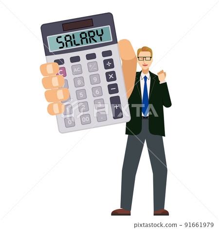 一個商人的插圖用計算器標記的薪水。職業發展、加薪、成功白人 91661979
