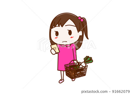 (Whole body diagonal) A girl holding a basket and shopping while checking notes 91662079