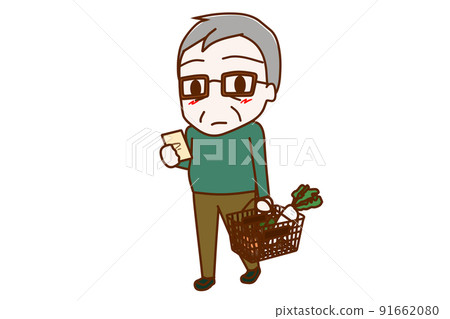 (Whole body diagonal) An elderly man holding a basket and shopping while checking notes 91662080