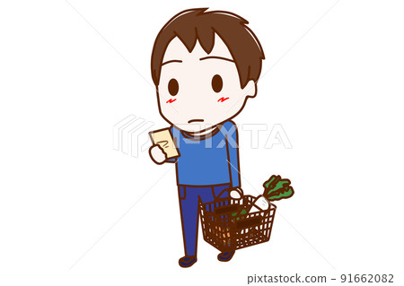 (Whole body diagonal) A boy holding a basket and shopping while checking notes 91662082