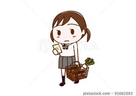 (Whole body diagonal) Female student shopping while holding a basket and checking notes 91662083