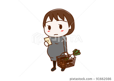 (Whole body diagonal) Pregnant woman holding a basket and shopping while checking notes (Whole body diagonal) Pregnant woman holding a basket and shopping while checking notes 91662086