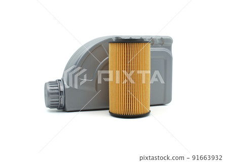 Motor oil and oil filters over white background 91663932