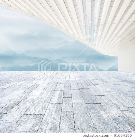 石磚地面與現代白色建築狀局部合成人造空間適用汽車廣告背景圖 91664190