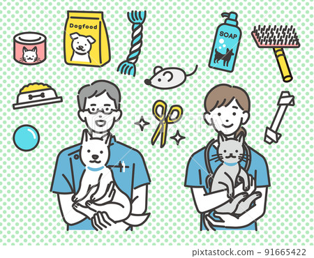 圖標，例如碼頭罩和玩具，以及獸醫和獸醫診所/狗和貓/pe 工作人員的矢量圖 91665422