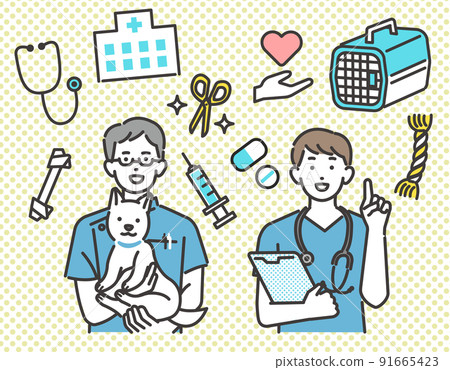 Icons such as veterinary injections and medicines and vector illustrations of veterinarians and staff working in veterinary clinics / dogs and cats / pets / birds Icons such as veterinary injections and medicines and vector illustrations of veterinarians and staff working in veterinary clinics / dogs and cats / pets / birds 91665423