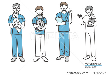 在獸醫診所/狗和貓/寵物/修剪/醫院工作的獸醫和工作人員的矢量圖 91665424