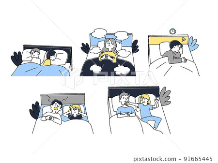 A set of various annoyances that occur in the bedroom time Comical handwritten person vector, warm line drawing 91665445