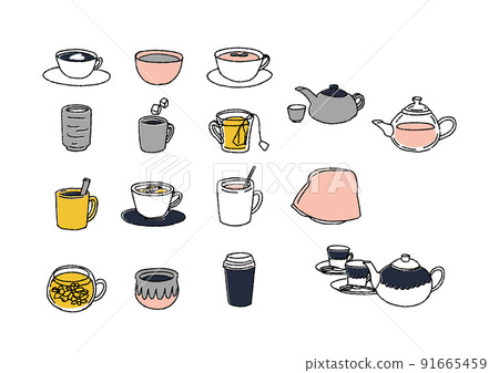 各種熱飲圖標、可笑的手寫數字、矢量、暖線圖 91665459