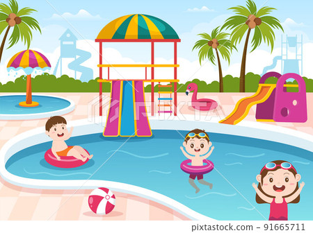 Water Park with Swimming Pool, Amusement, Slide, Palm Trees and the Children are Swim for Recreation and Outdoor Playground in Flat Cartoon Illustration 91665711