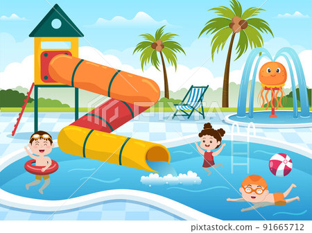 Water Park with Swimming Pool, Amusement, Slide, Palm Trees and the Children are Swim for Recreation and Outdoor Playground in Flat Cartoon Illustration 91665712