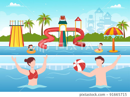 Water Park with Swimming Pool, Amusement, Slide, Palm Trees and the People are Swim for Recreation and Outdoor Playground in Flat Cartoon Illustration 91665715
