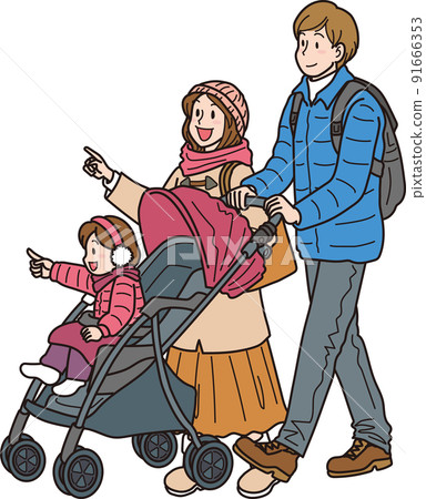 和一個童車_顏色_冬天的衣服一家出去 和一個童車_顏色_冬天的衣服一家出去 91666353