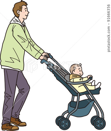 Go out with a stroller_color_spring clothes_push the stroller daddy_rightward 91666356