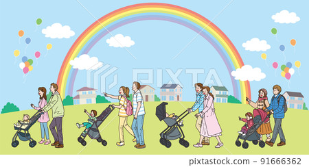 推著童車出門_顏色_一排左邊設置_有彩虹風景 推著童車出門_顏色_一排左邊設置_有彩虹風景 91666362