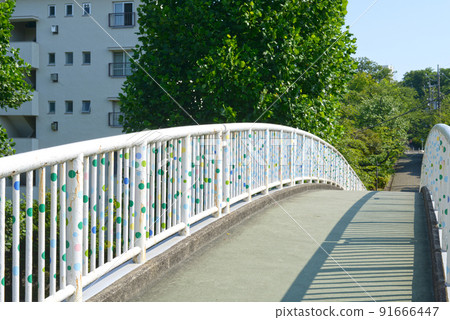 藍天和路邊樹下有住宅區的人行天橋 91666447