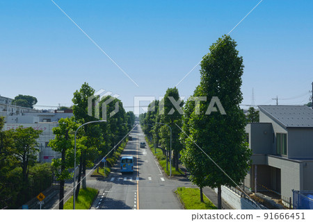 從藍天和人行天橋看郊區住宅區的主要街道 91666451