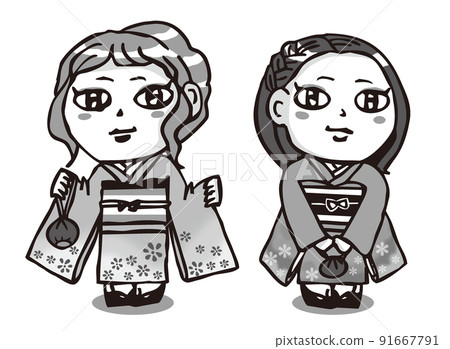 兩個穿著風衣的可愛女孩,單色 兩個穿著風衣的可愛女孩,單色 91667791