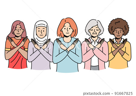 Multiethnic women show stop sign against discrimination  91667825