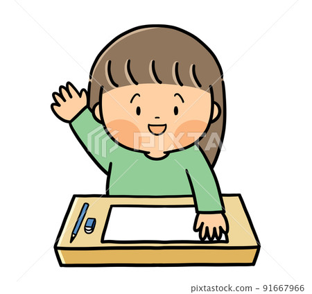 Elementary school girl raising her hand to... - Stock Illustration ...