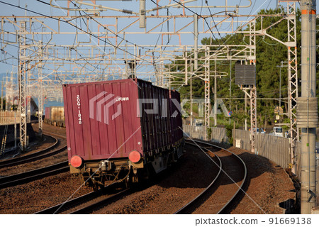 Container freight train running on the Sanyo Main Line 91669138