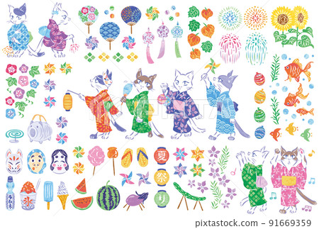 Summer festival illustration material set of cats enjoying fairs in yukata 91669359