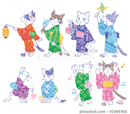 Summer festival Illustration set of cats enjoying fairs in yukata, fireworks and Bon festival dance 91669368