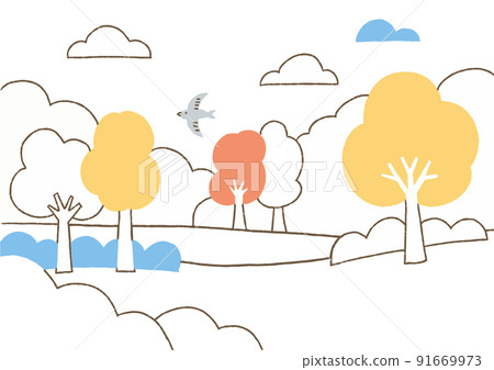 有鳥、樹和雲的風景_color 有鳥、樹和雲的風景_color 91669973