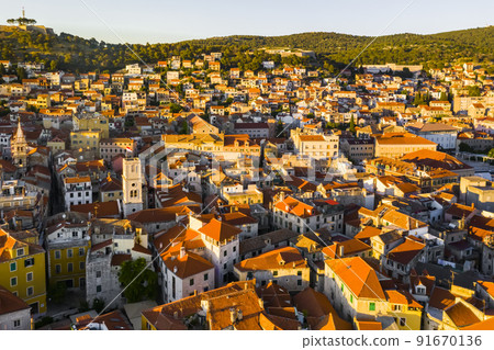 Beautiful old city of Sibenik, aerial view of the town center at sunset. Croatia. Beautiful old city of Sibenik, aerial view of the town center at sunset. Croatia. 91670136
