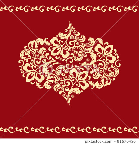 Damask graphic ornament. Floral design element. Gold and red vector pattern 91670456