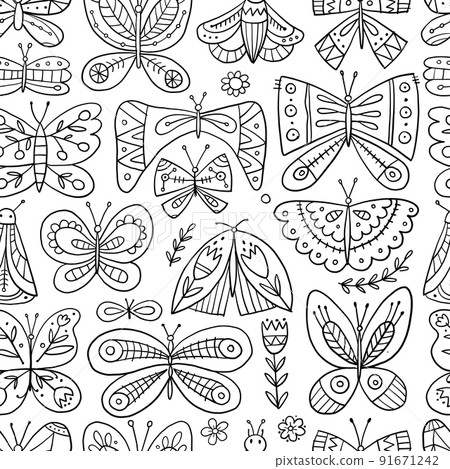 Ornate butterflies. Seamless pattern background for your design. Colouring page 91671242