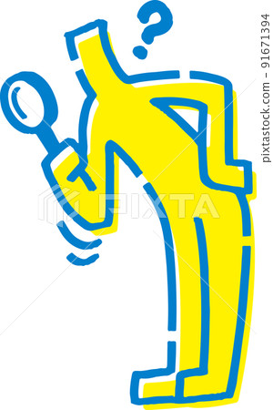 A stickman looking through a magnifying glass. Question mark. 91671394