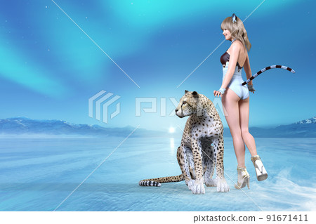 A sitting cheetah and a blonde woman in a cat-like costume are looking at something in the same direction. A sitting cheetah and a blonde woman in a cat-like costume are looking at something in the same direction. 91671411