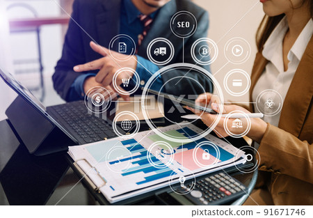 Business team present. professional investor working new start up project. .Digital tablet laptop computer Finance managers meeting with digital marketing media  in virtual icon 91671746