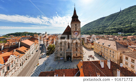 Aerial drone view of the The Black Church in old Brasov centre, Romania Aerial drone view of the The Black Church in old Brasov centre, Romania 91671772