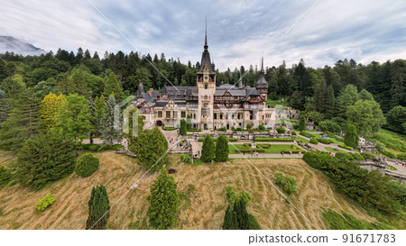 Aerial drone wide view of The Peles Castle in Romania 91671783