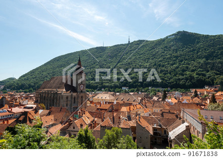 Aerial drone view of the The Black Church in old Brasov centre, Romania Aerial drone view of the The Black Church in old Brasov centre, Romania 91671838