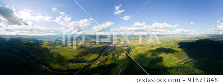 Aerial drone panoramic view of Toplita in the Carpathians in Romania 91671848