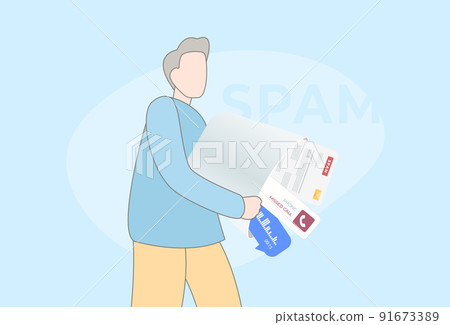 Spam messages concept illustration. Character shakes out spam irrelevant unsolicited malicious emails, notifications of unwanted promotional calls and voice messages with advertising from the bucket 91673389