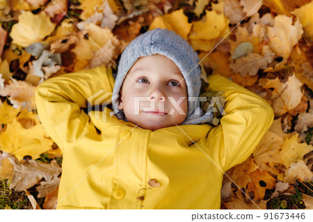 cute little boy laying on ground covered with yellow fallen leaves 91673446