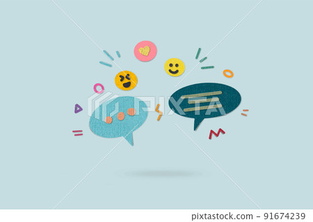Smartphone with social media and technology such as love, like, comment icon paper cut art texture style. 91674239