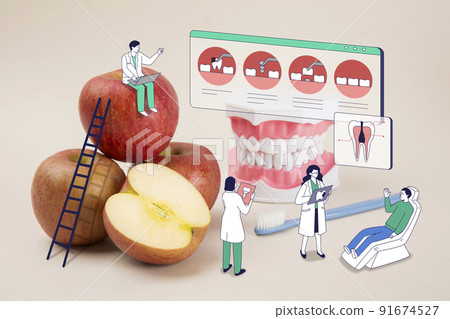 doctor, researcher, scientist characters on real photo of teeth modelling and apple 91674527