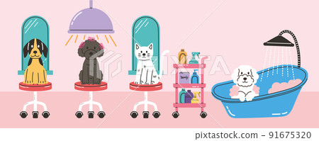 wide vector illustration banner_dog and cat pet salon 91675320