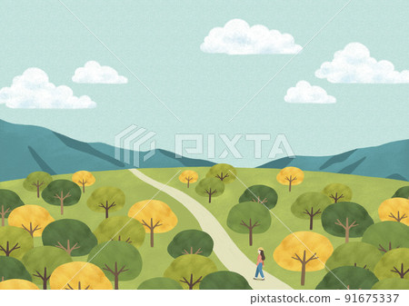 beautiful spring, summer, autumn scenery painting vector illustration of girl trekking, climbing mountain beautiful spring, summer, autumn scenery painting vector illustration of girl trekking, climbing mountain 91675337