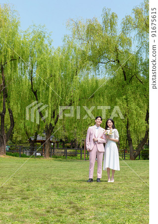 Korean Asian couple self small wedding concept in spring 91675615