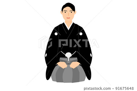A man greeting the New Year, sitting in a kimono (montsuki-haori) 91675648