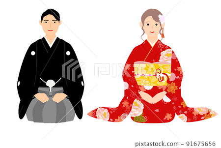 Men and women greeting the New Year, sitting in kimono (montsuki-haori and furisode) 91675656